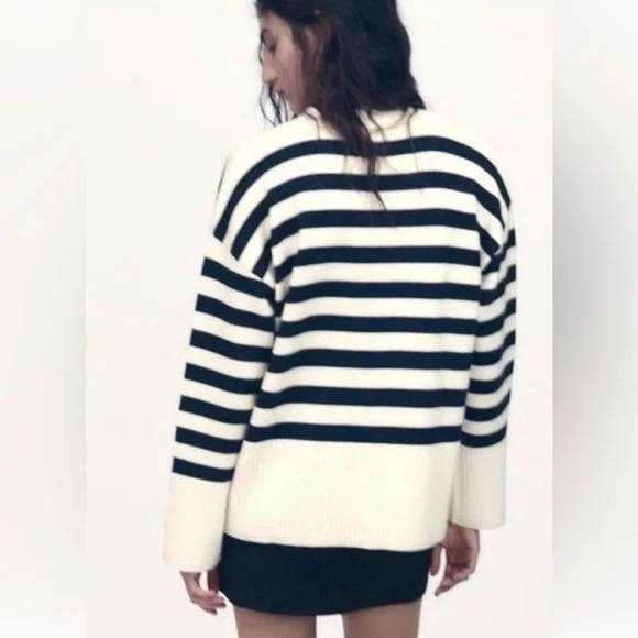 Zara Dark Navy and Cream Striped V-Neck Cardigan M - Picture 2 of 11